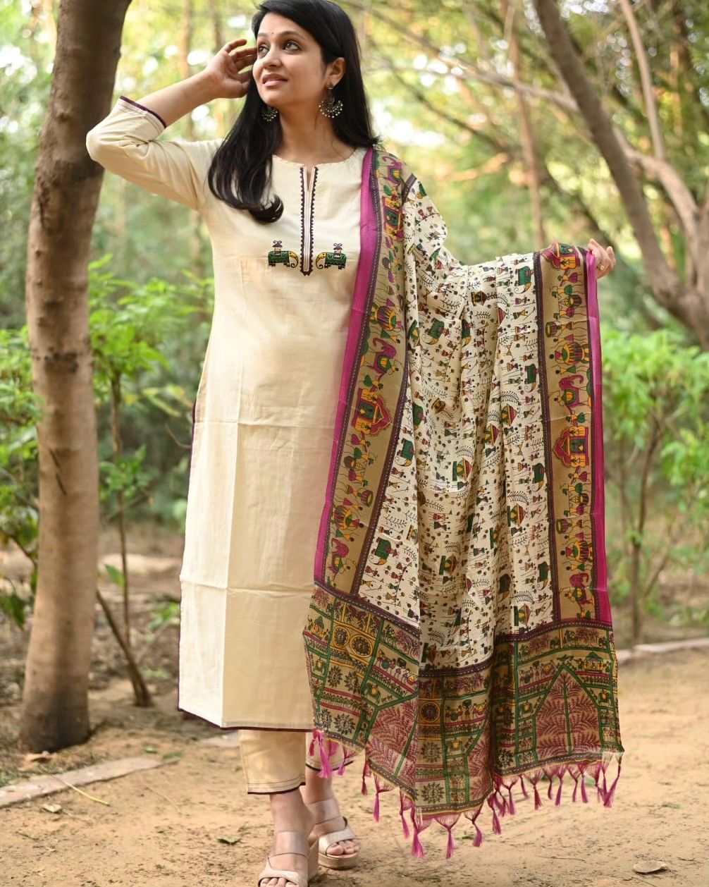 Cream Cotton Kurta Set with Zari Elephant Motifs and Warli Print Dupatta