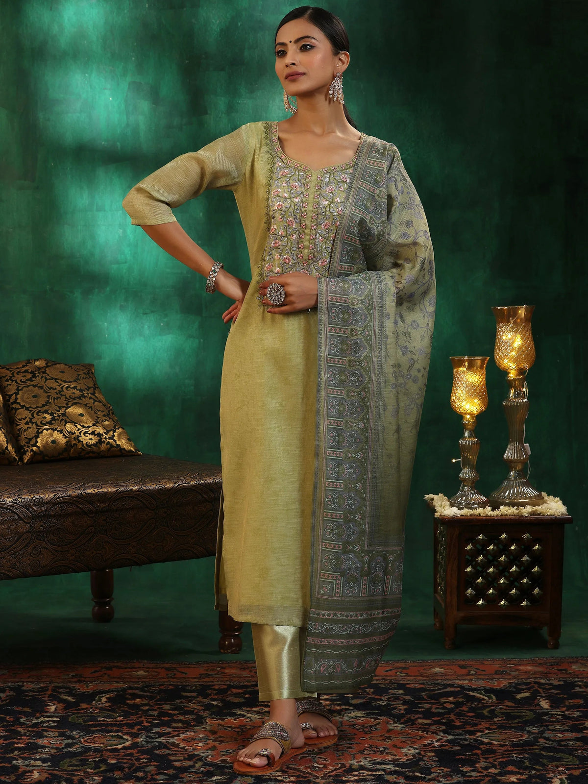 Anouk Green Yoke Design Silk Blend Straight Suit With Dupatta