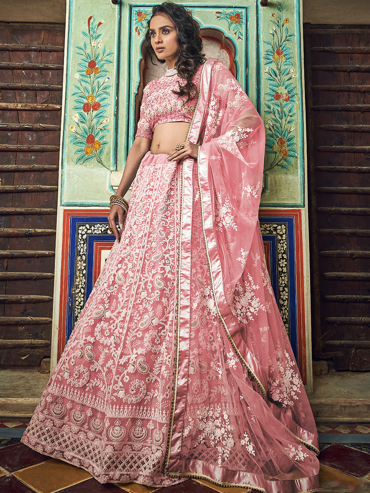Pink Embroidered Soft Net Semi Stitched Lehenga With Unstitched Blouse