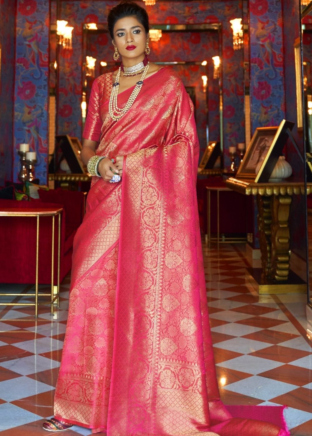 Hot Pink and Golden Blend Woven Kanjivaram Soft Silk Saree