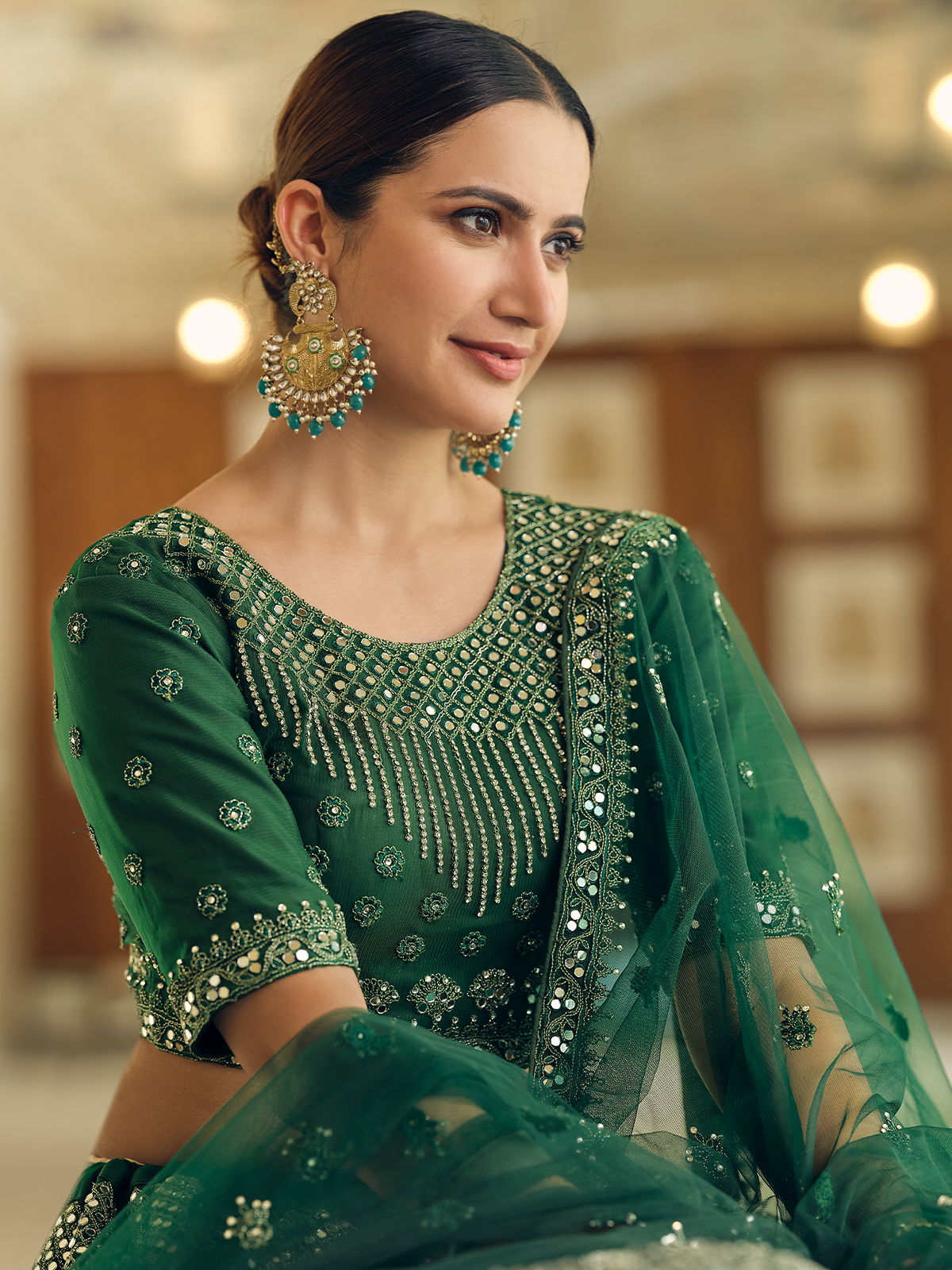Green Embroidered Soft Net Semi Stitched Lehenga With Unstitched Blouse