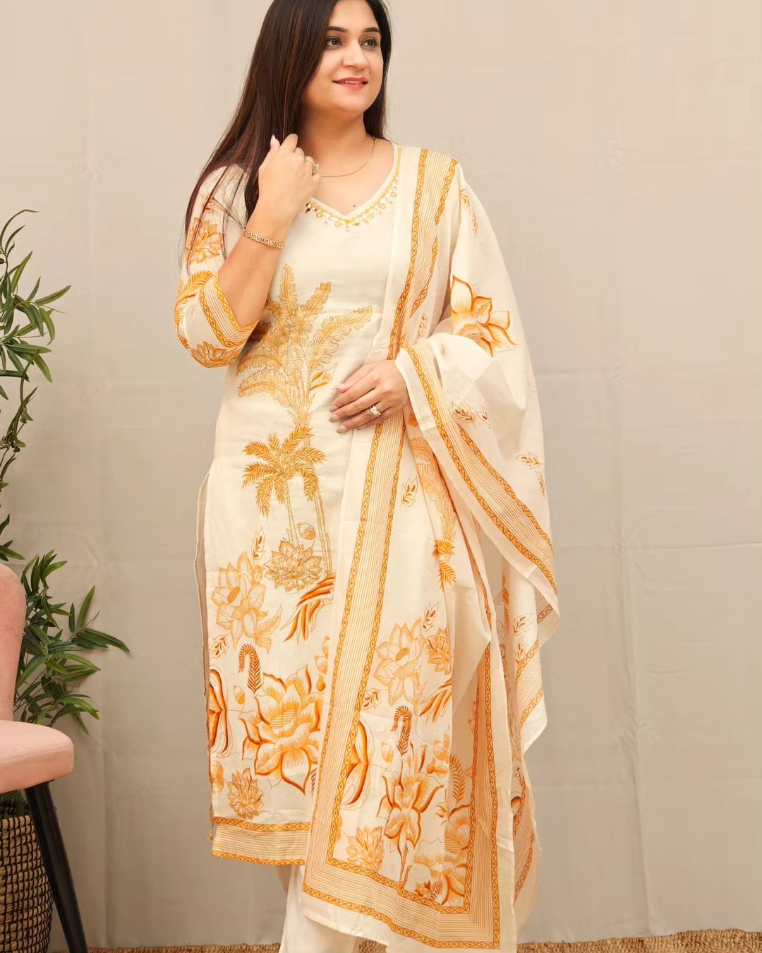 3-Piece Cotton Suit Set with Embroidered Neckline