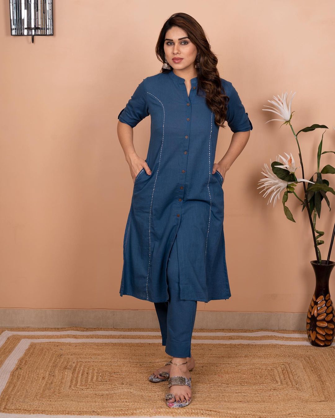 Embroidered Monochrome Cotton Pant-Set with Pockets