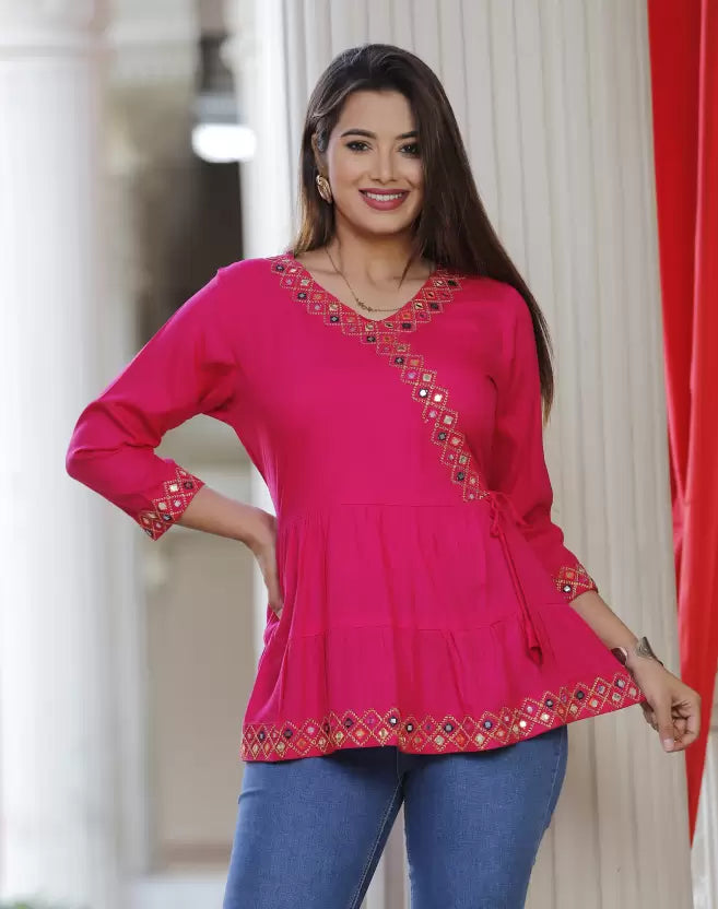 Pink Rayon Top with Embroidery Work - Length 30
