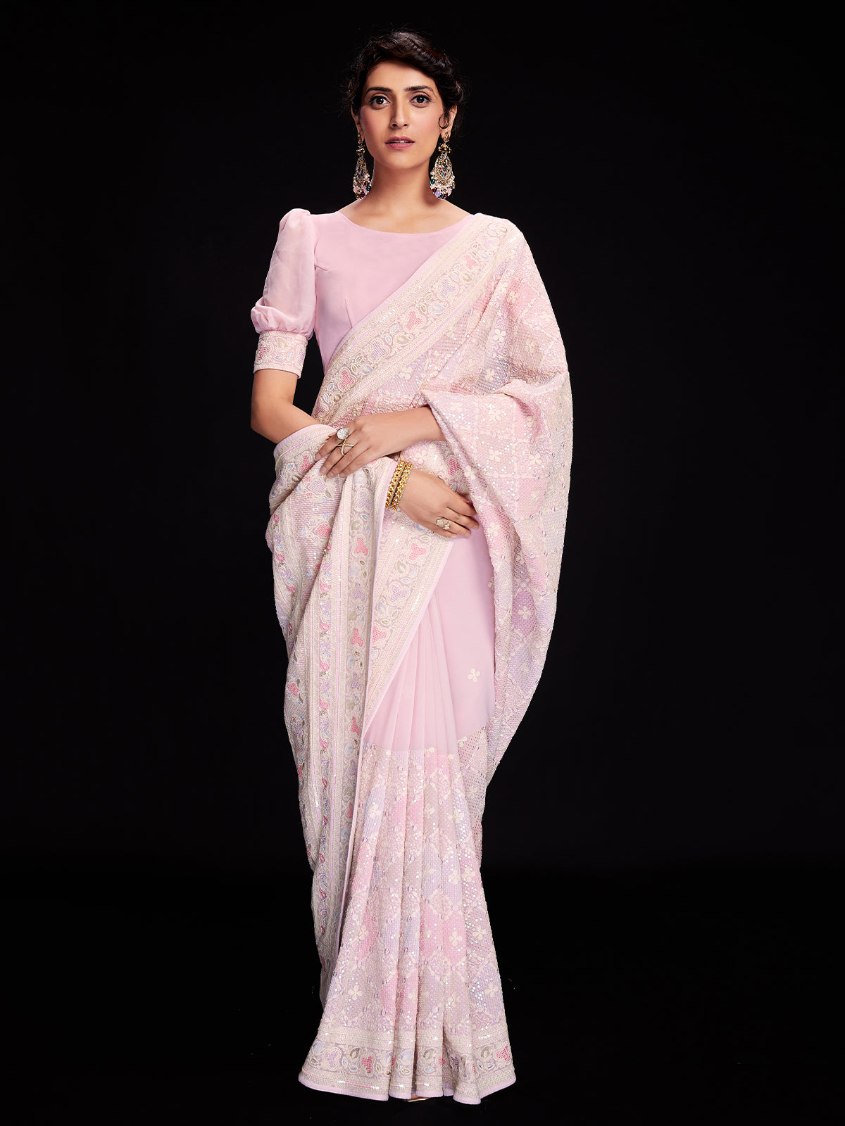 Pink Georgette Embellished Saree With Unstitched Blouse