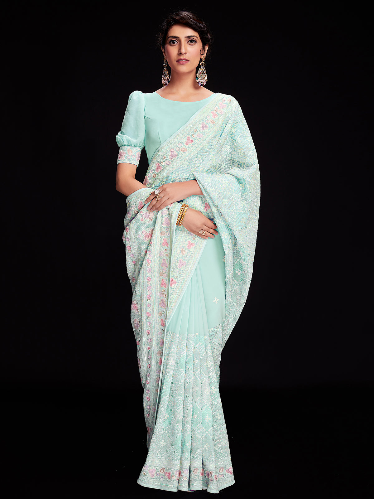 Light Blue Georgette Embellished Saree With Unstitched Blouse