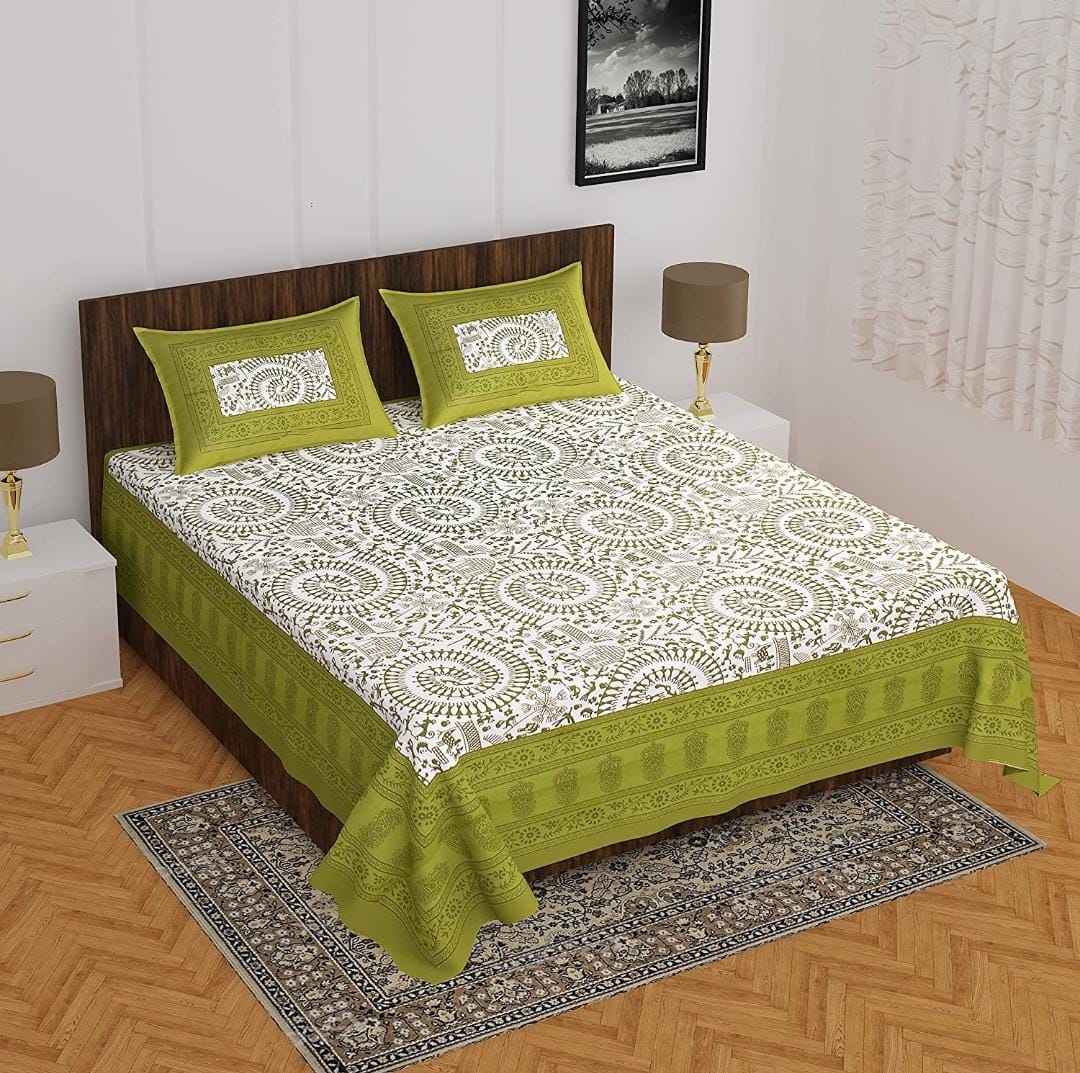 Jaipuri Double Bedsheet Set with Two Pillow Covers - 90x100 Size
