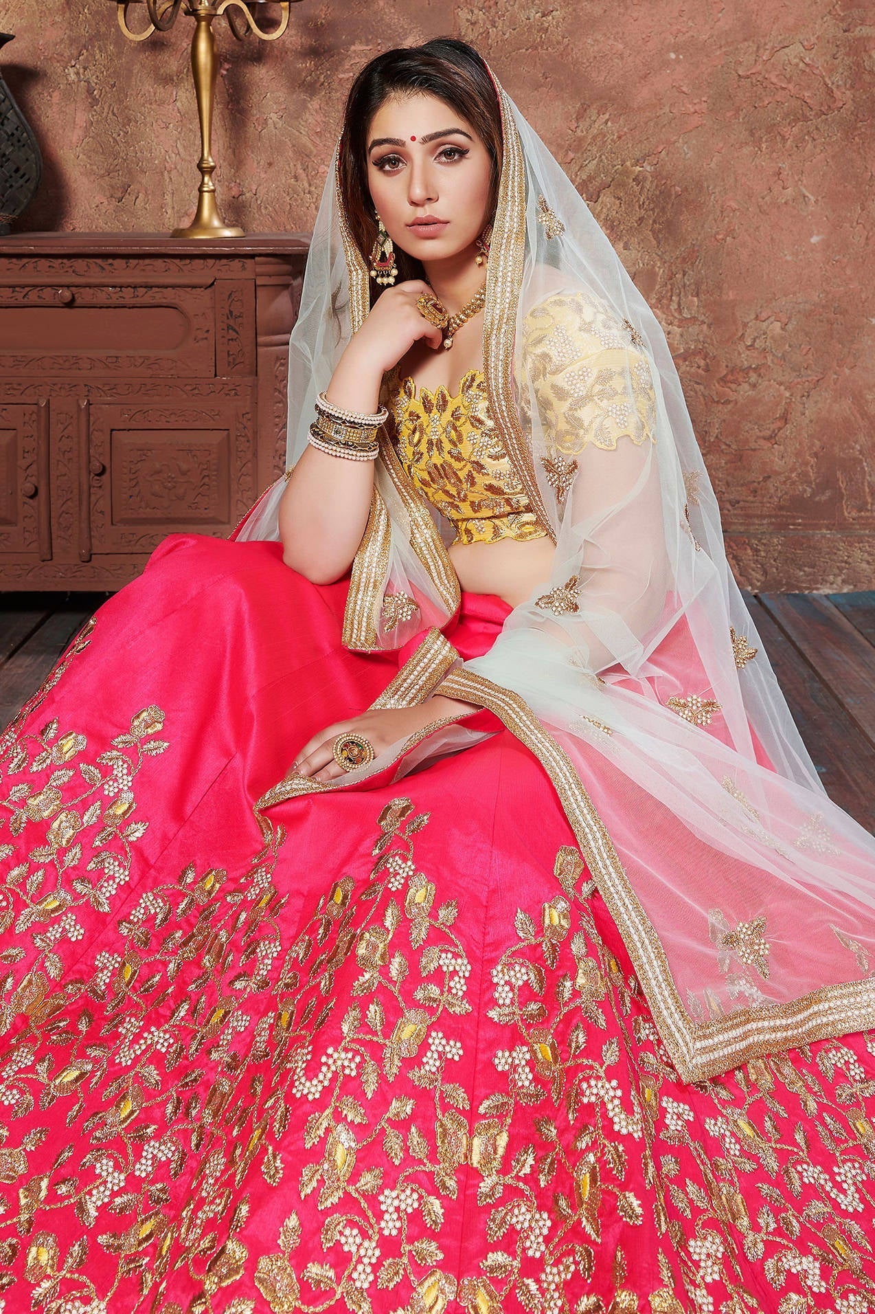 Stunning Hot Pink Thread Embroidered Mulberry Silk Bridal Lehenga Choli