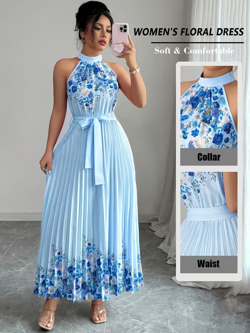 Elegant Floral Halter Neck Pleated Dress – Stylish & Comfortable Summer Outfit for Women