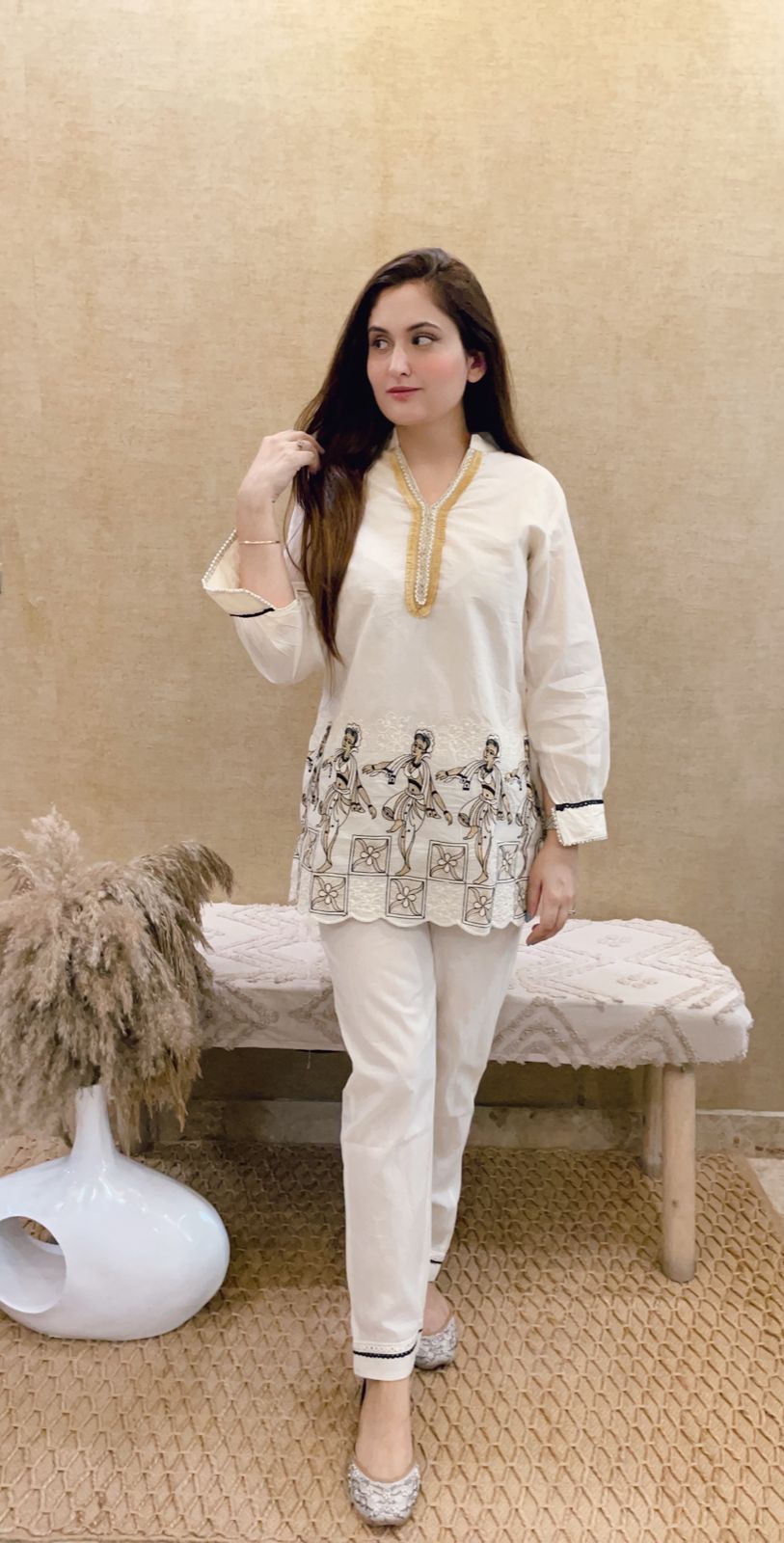 Cream Magic Cotton Kurti & Pant Co-Ord Set with Lace & Gota Work (Surat Print)