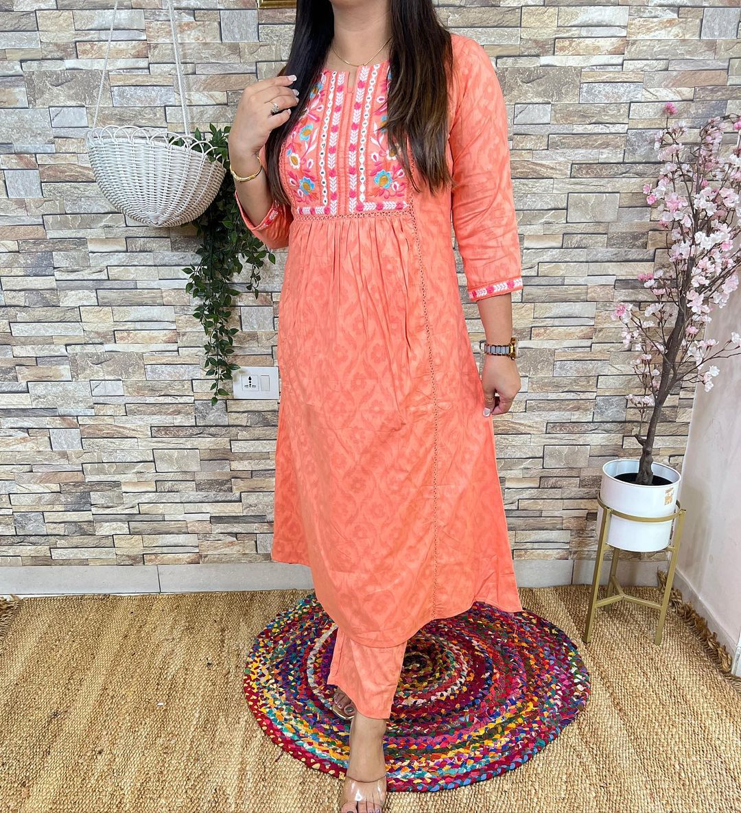 Cotton Machine Embroidery Kurta Pant Set