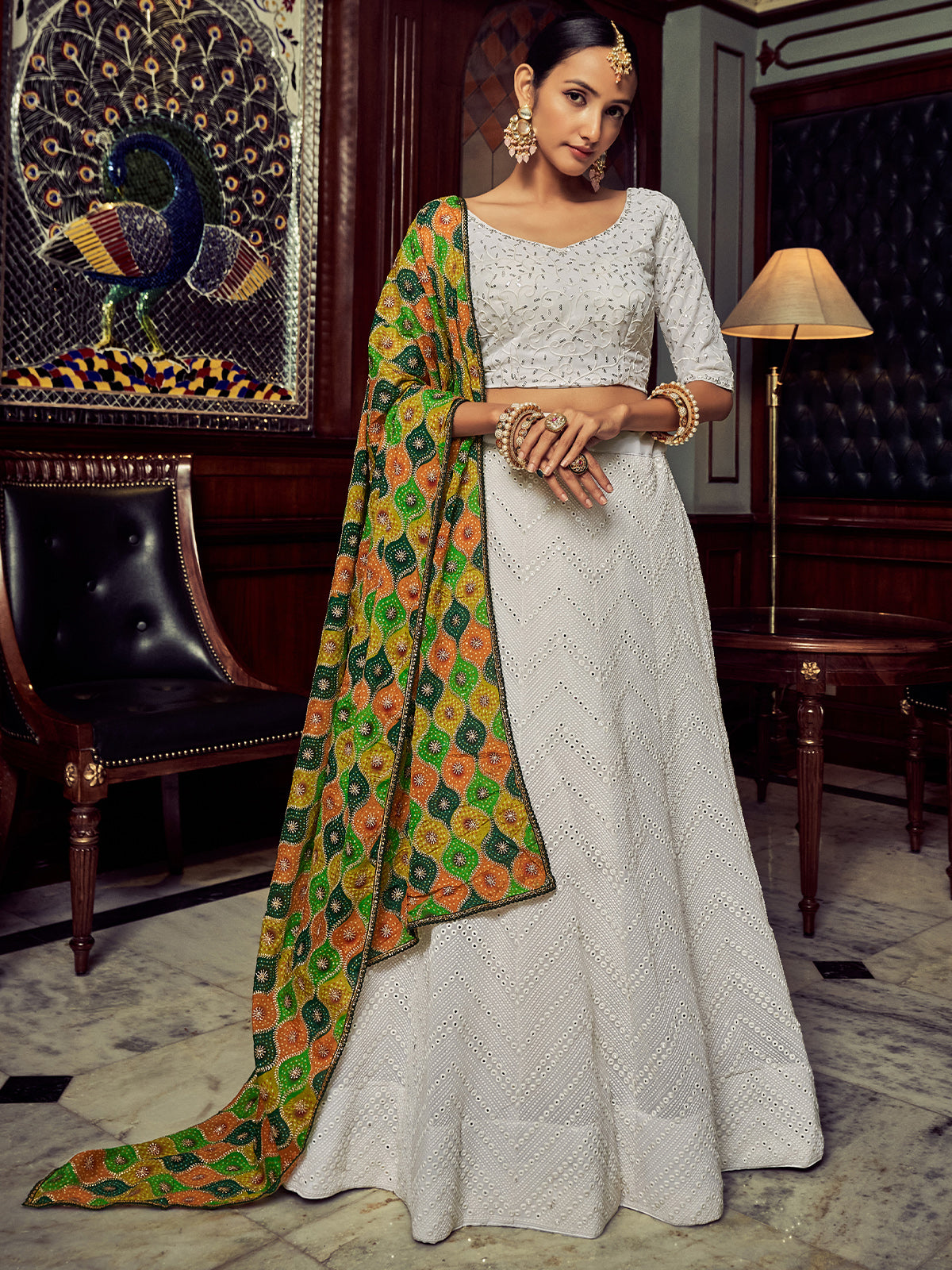 White Embroidered Georgette Semi Stitched Lehenga With Blouse Piece