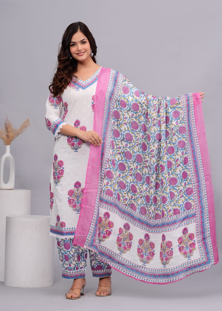 White-Pink Floral Anarkali Suit Set
