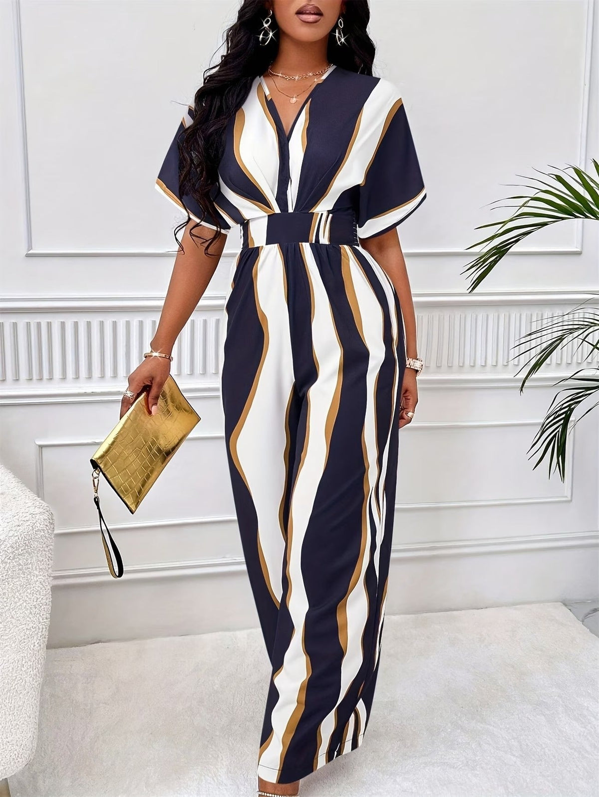 Women’s Color Block V-Neck Jumpsuit – Elegant Short Sleeve Wide-Leg One-Piece Outfit with Comfortable Waist Fit for Spring & Summer