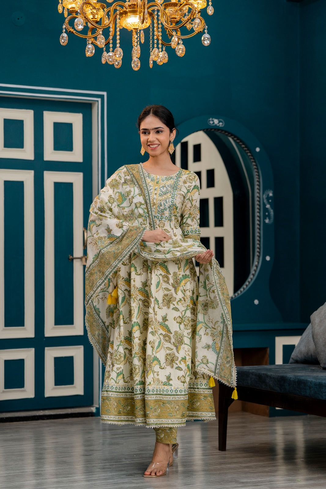 White and Light Olive Cotton Kurti Set with Sequins and Embroidery Work
