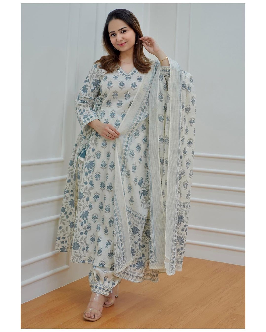 White-Grey Floral Afghani Suit Set with Waist Tassels and Motifs