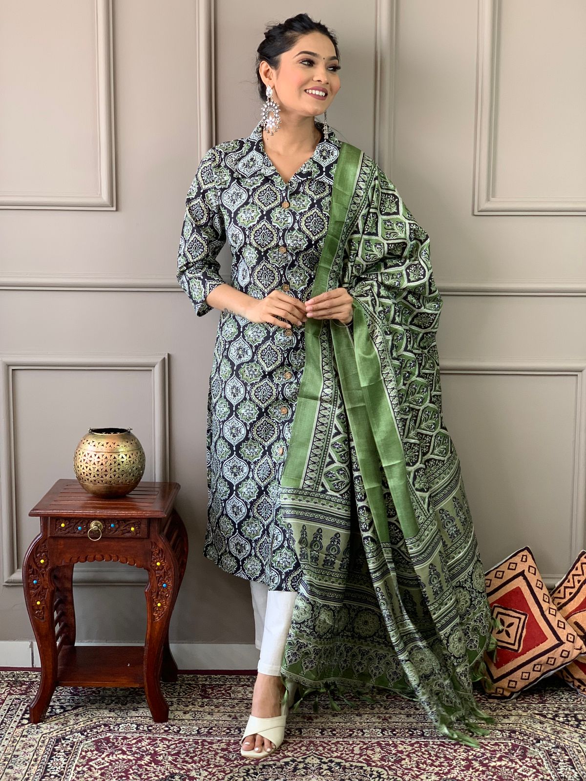Ajrakh Work Cotton Kurta Set with Silk Dupatta