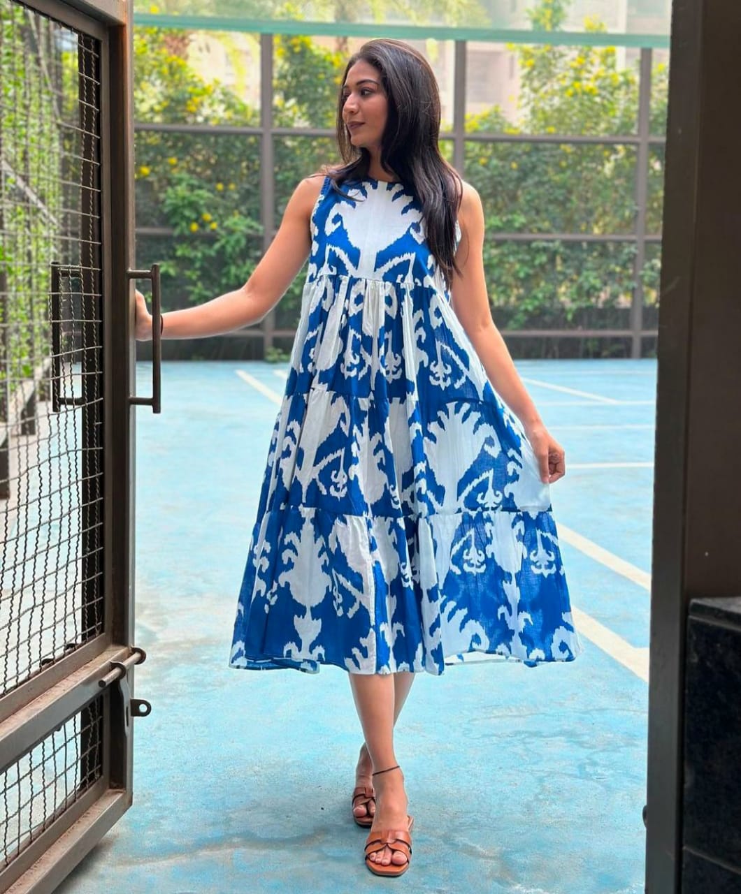 Blue Printed Lotus Flower Cotton Midi Dress