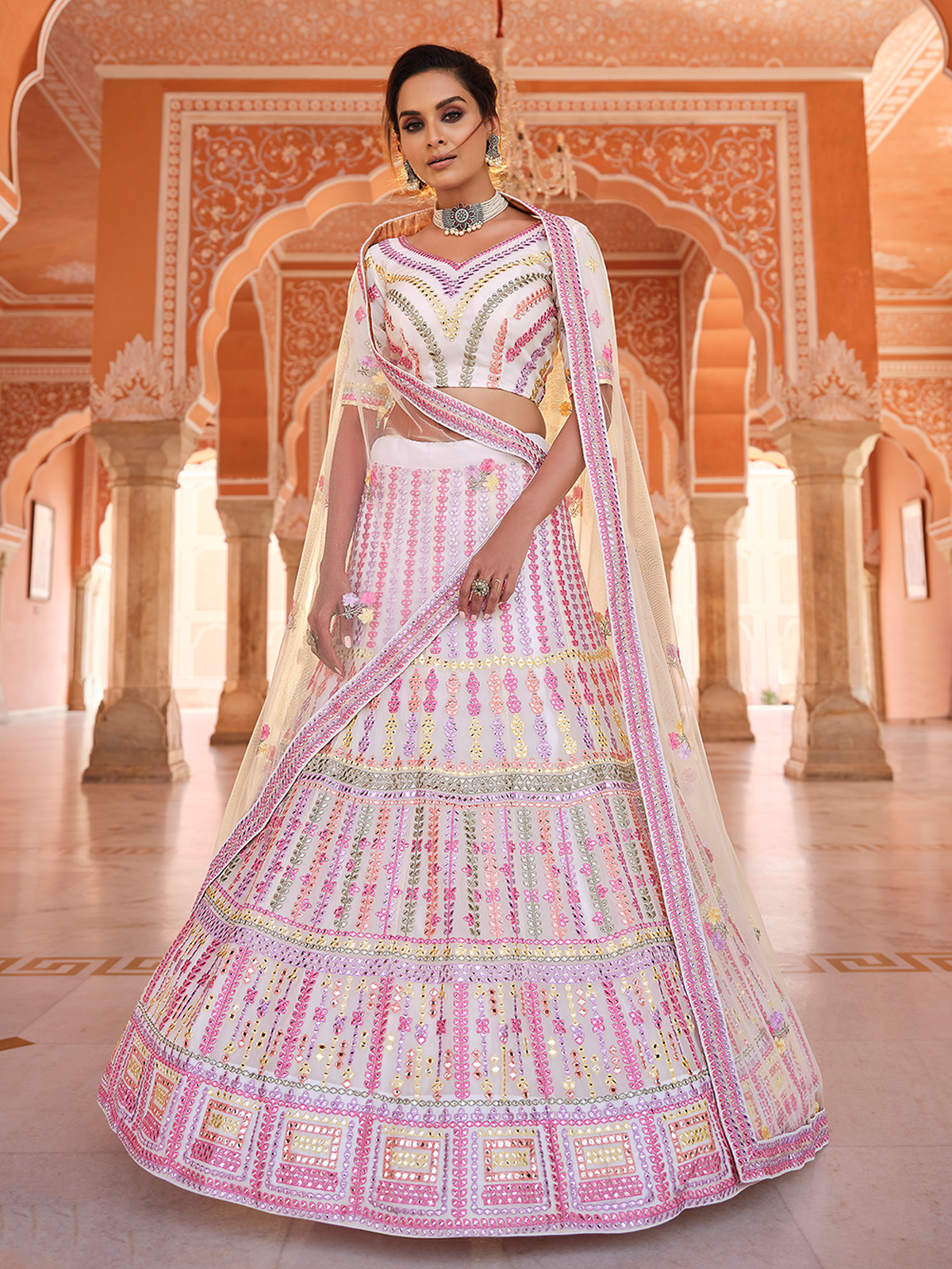 White Embroidered Organza Semi Stitched Lehenga With Unstitched Blouse