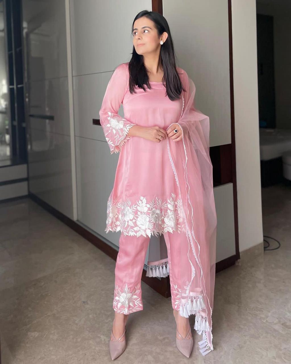 Embroidered Rayon Kurti Pant Set with Organza Dupatta
