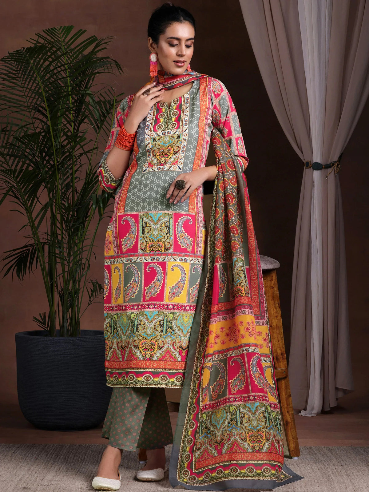 Anouk Multi Printed Poly Crepe Straight Suit With Dupatta