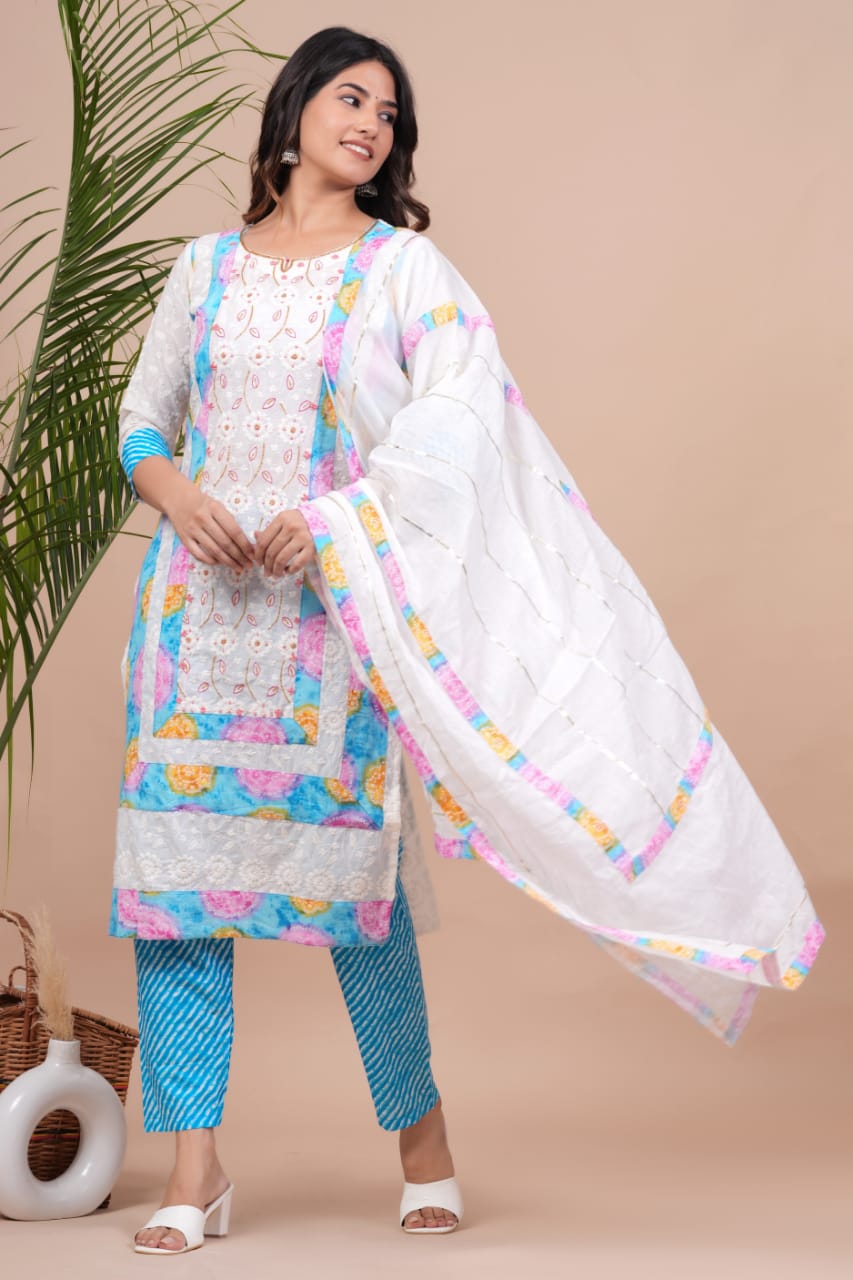 Chicken Shifli Hand-Block Printed Cotton Kurti, Pant, and Mulmul Dupatta Set