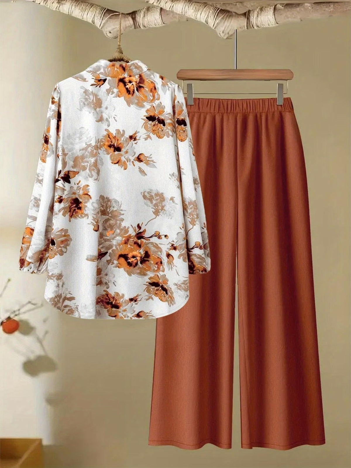 Women’s Floral Long-Sleeve Shirt with Printed Pants – Stylish Two-Piece Everyday Outfit (With Tie & Button Details)