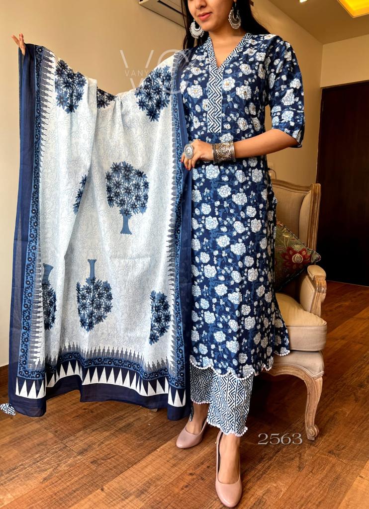 Blue 3-Piece Cotton Suit Set with Printed Work and Chicken Lace