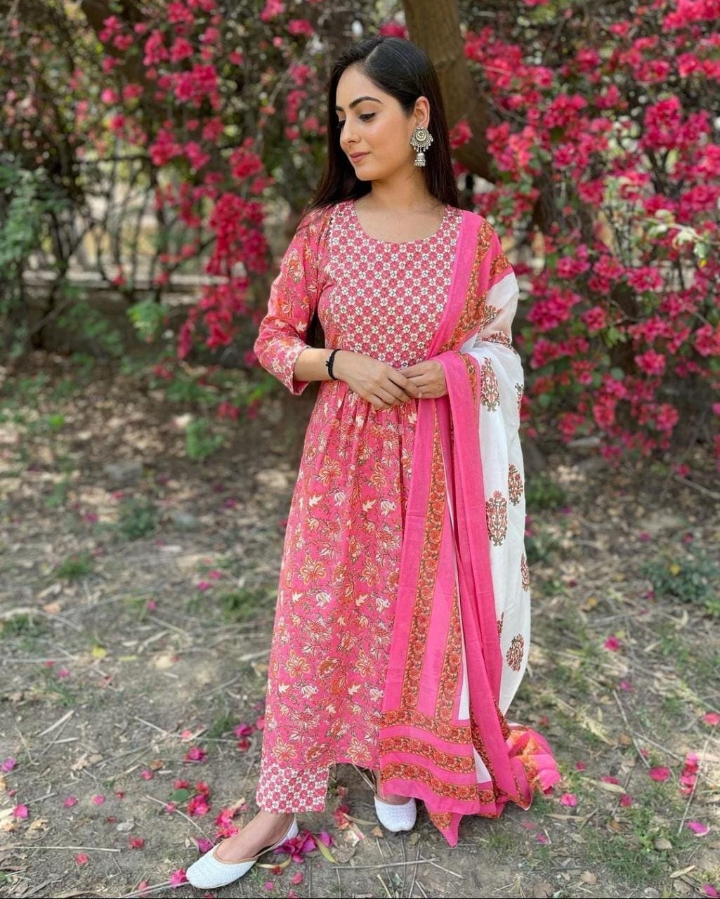 Stylish Printed Cotton Pink Kurti, Pant, and Dupatta Set