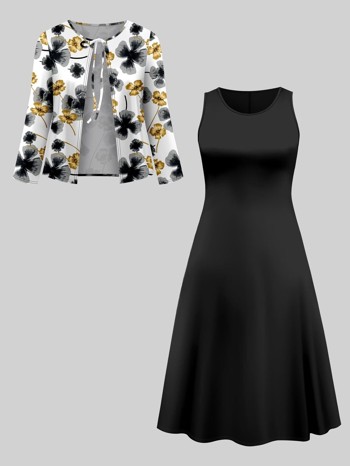 Elegant Solid Color Cardigan with Printed Flared Skirt – Stylish Two-Piece Women’s Fashion Set