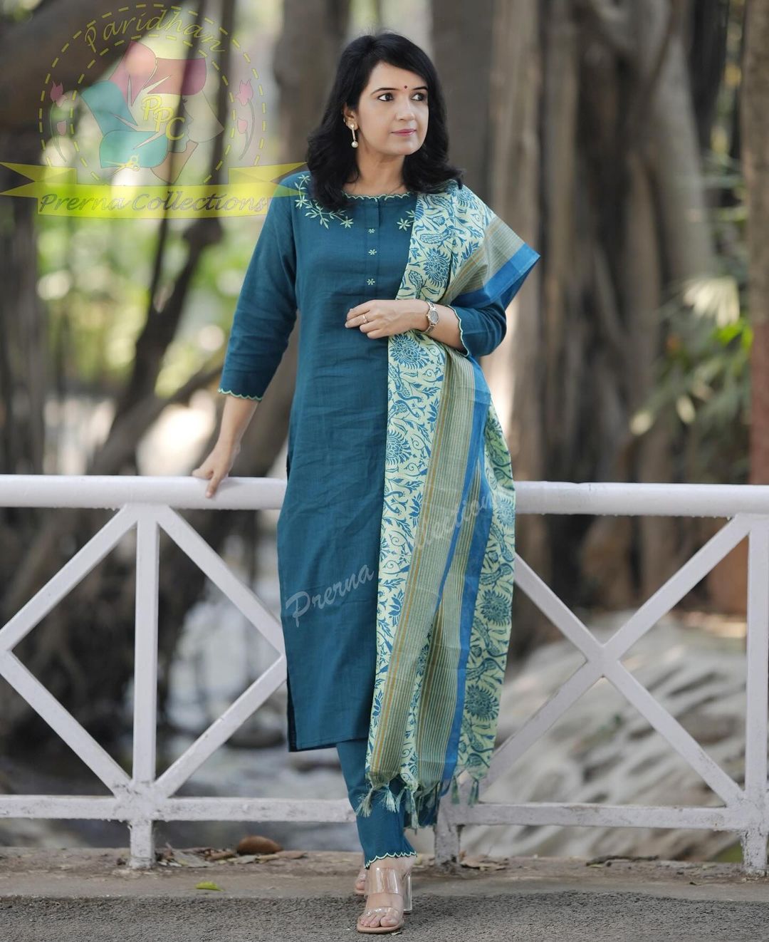 Embroidered Cotton Set with Cutwork & Kalamkari Dupatta