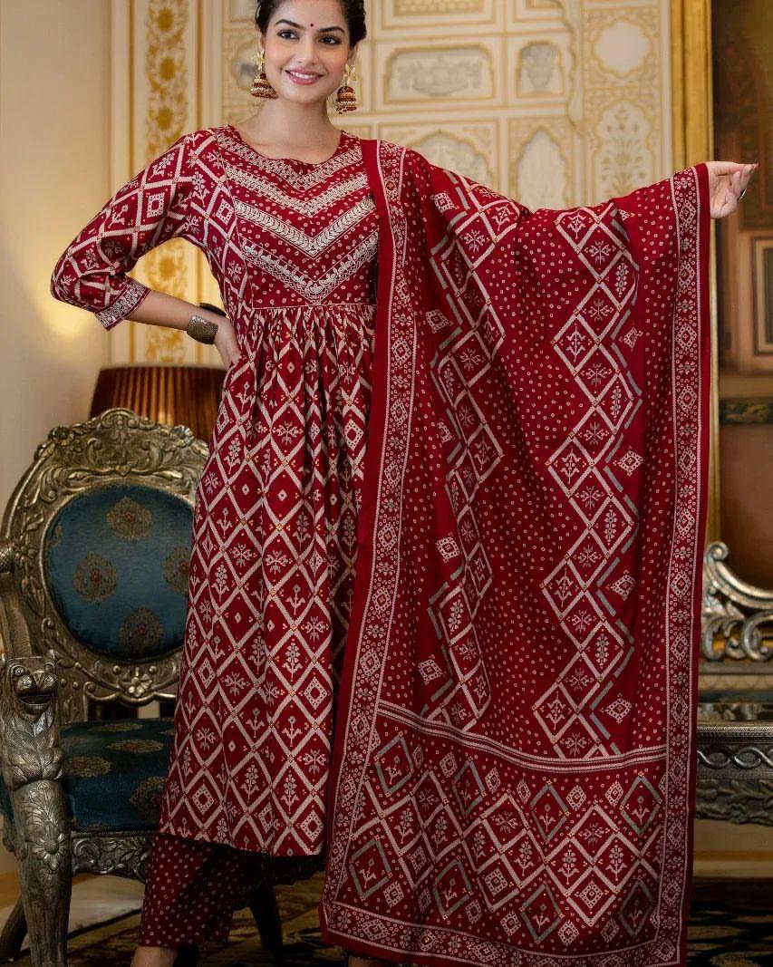 Red Rayon Embroidered Naira Cut Kurti with Pant and Dupatta - Fully Stitched