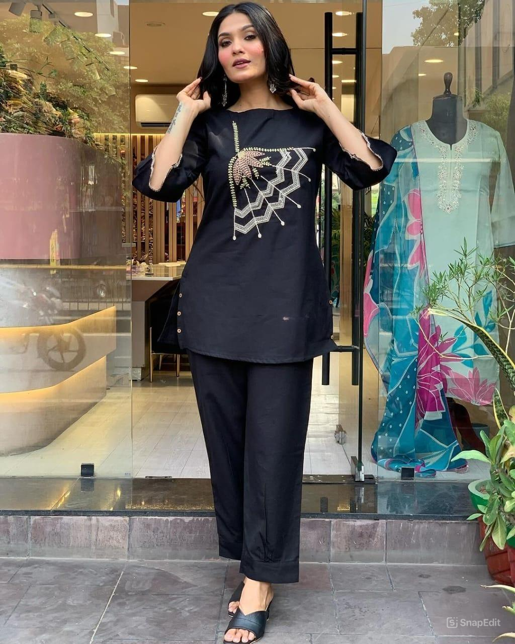 Black Embroidered Cotton Flex Coord Set