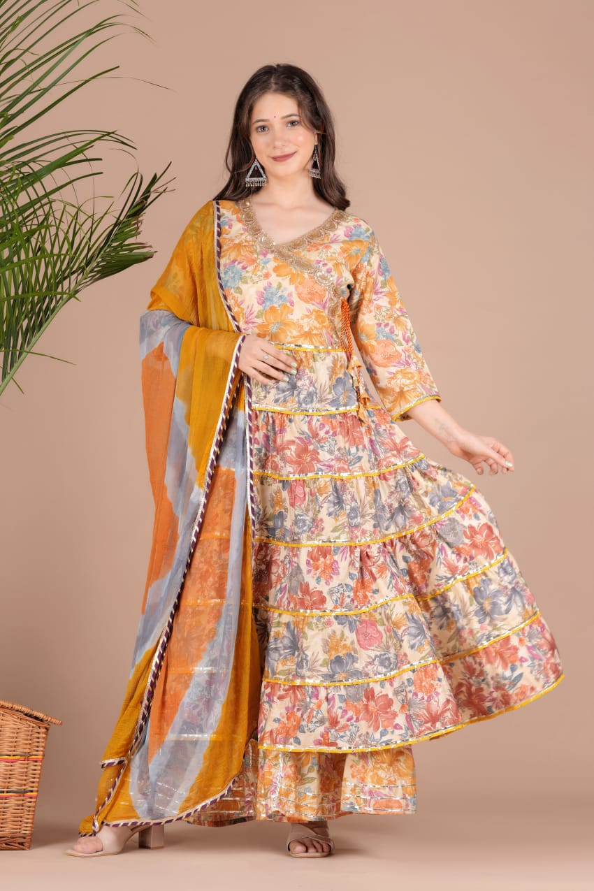 Golden Sequence Muslin Sharara Set with Sidelong Slit Kurti and Chiffon Tie-n-Dye Dupatta