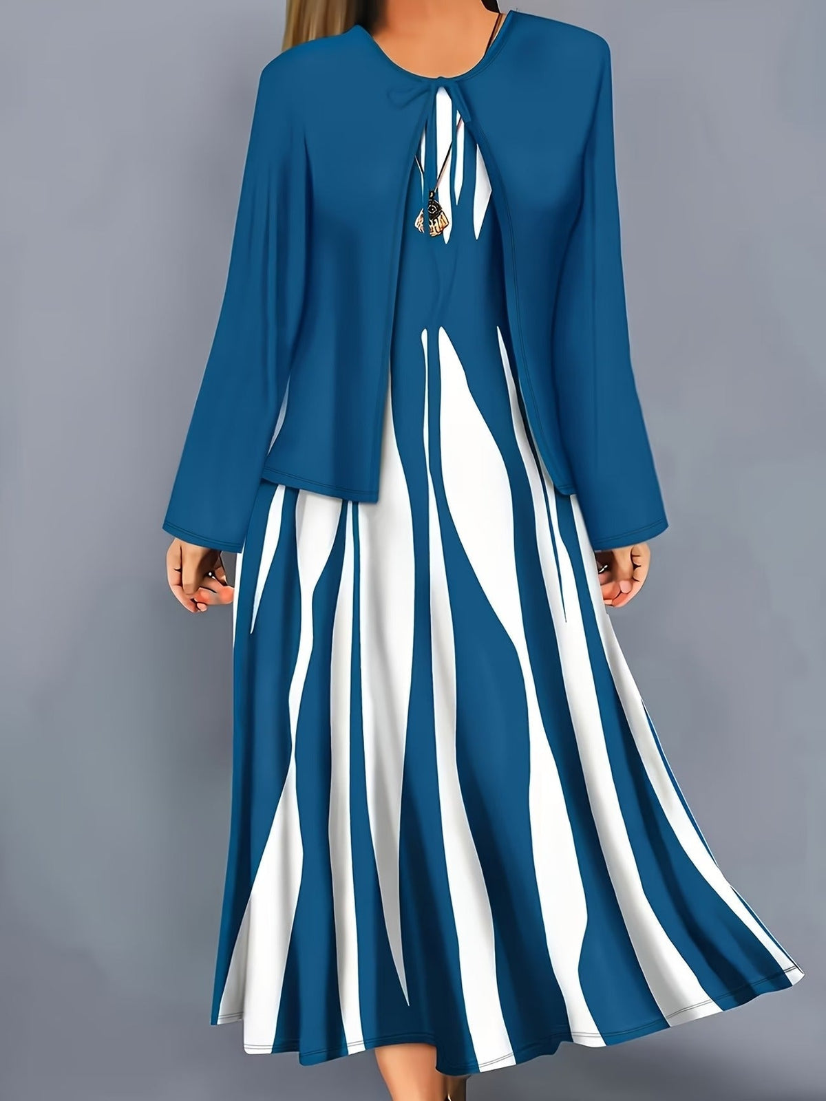 Elegant Layered Two-Piece Midi Dress Set with Tie-Front Cardigan – Flowy Printed Everyday & Occasion Wear