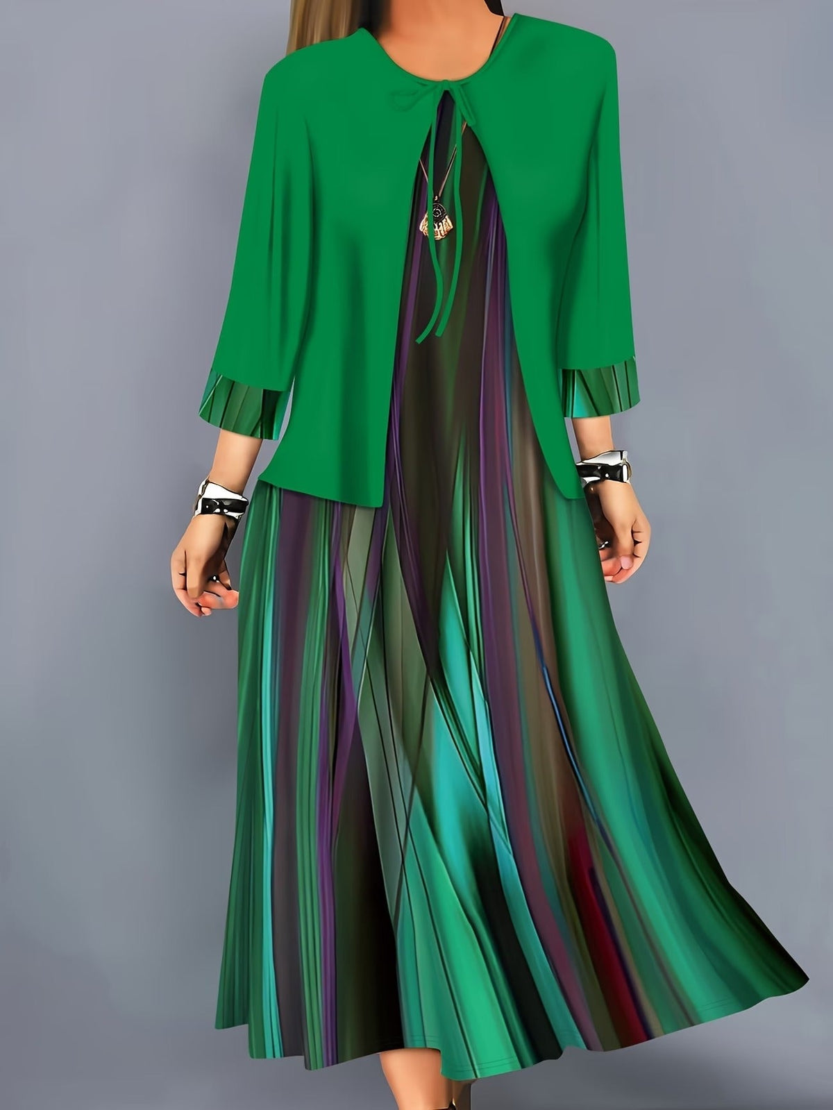 Elegant Layered Two-Piece Midi Dress Set with Tie-Front Cardigan – Flowy Printed Everyday & Occasion Wear