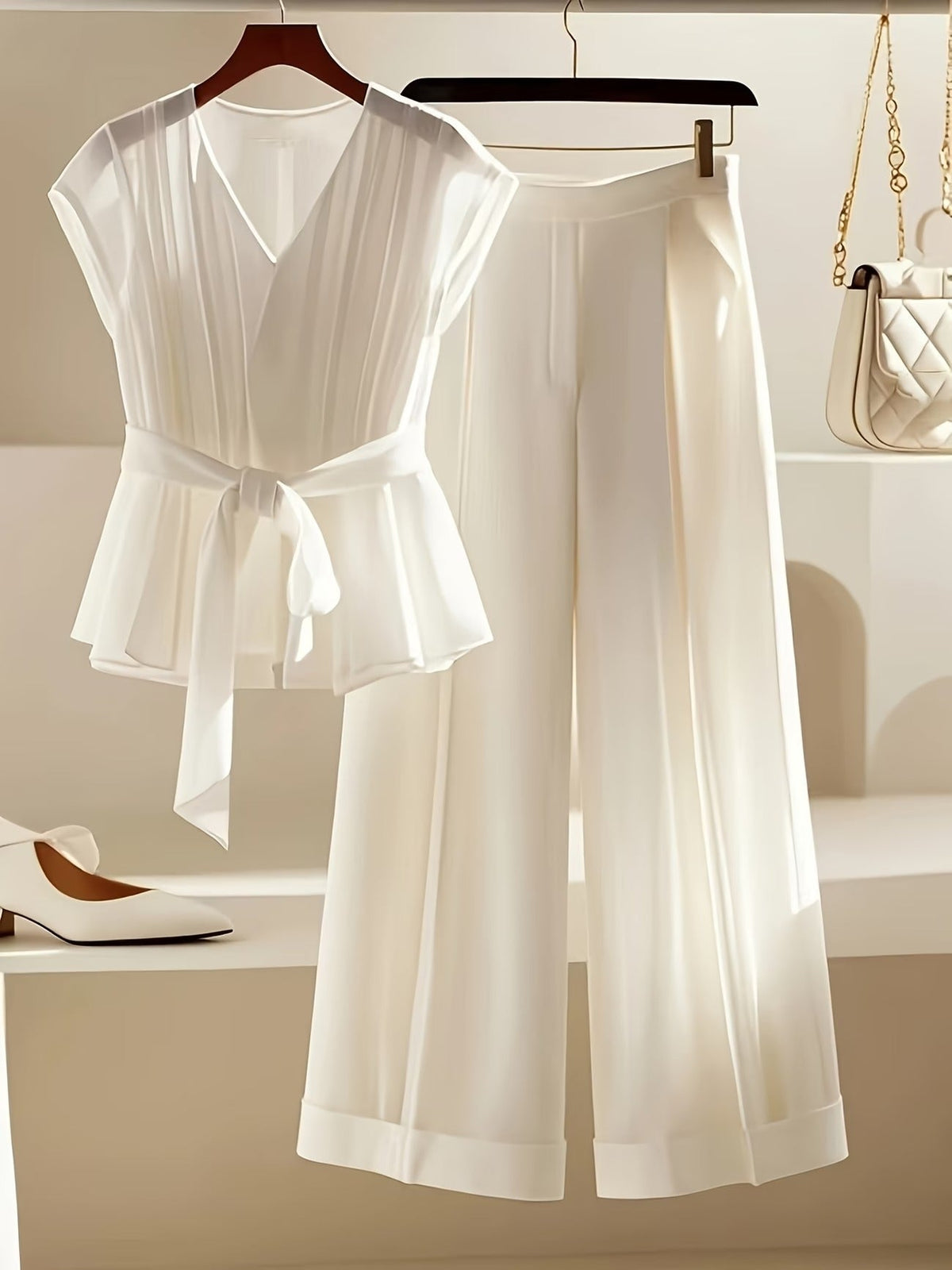 Summer French Solid Two-Piece Set – Elegant Women’s Top & Pants Suit