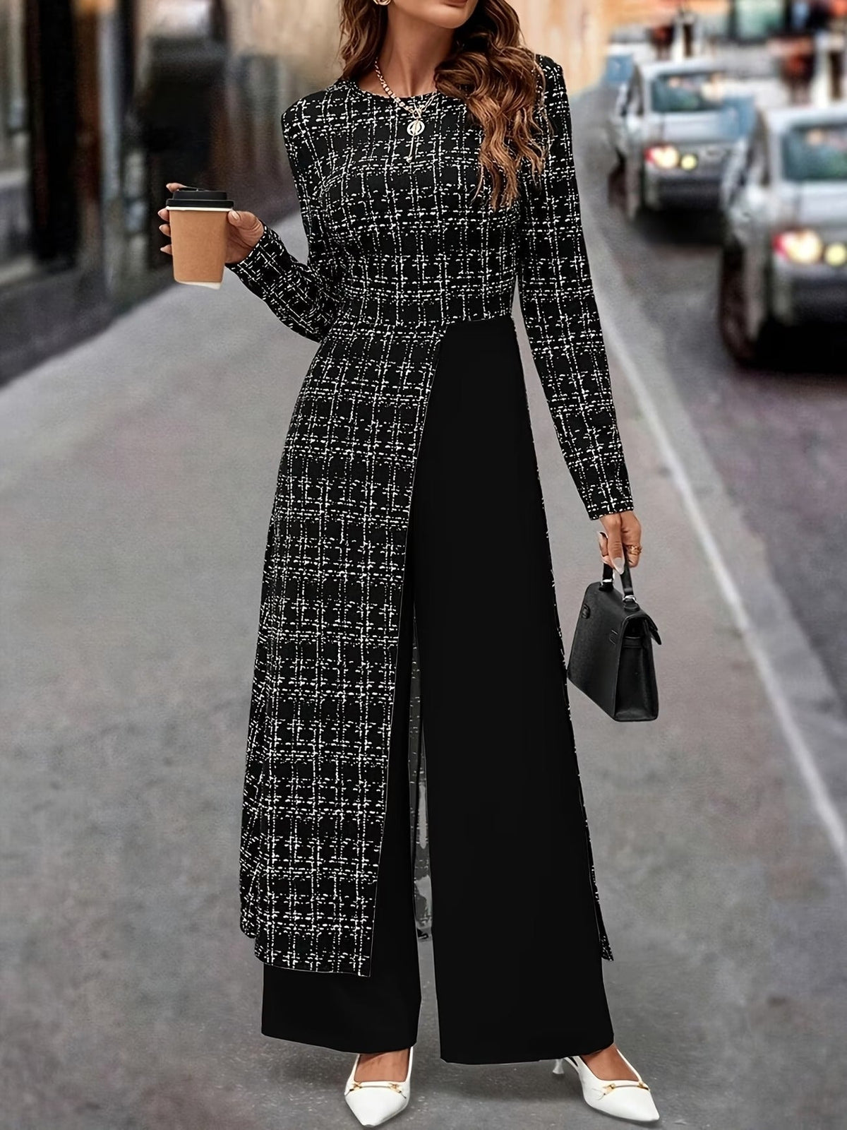 Chic Plaid Commuter Jumpsuit – Asymmetrical Design with Relaxed Straight-Leg Fit