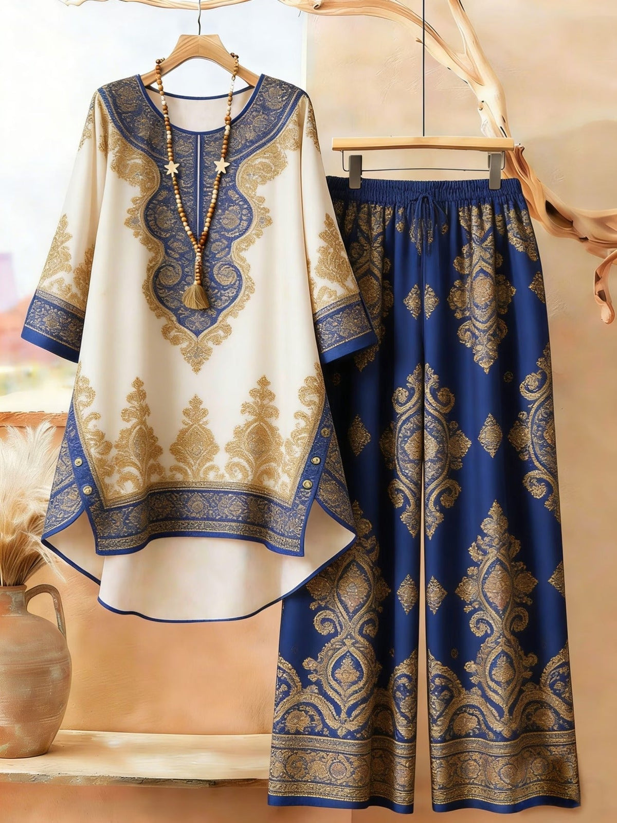Featuring Persian Floral Print Design, Crew Neck, Dipped Hem, Suitable for Everyday Casual Wear, Comfortable and Stylish