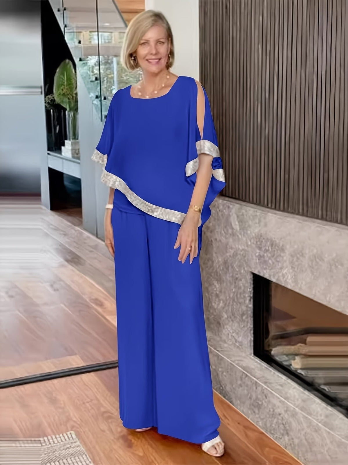 Women’s Sequin Color Block Batwing Top & Wide-Leg Pants Set – Elegant Spring Summer Party Outfit