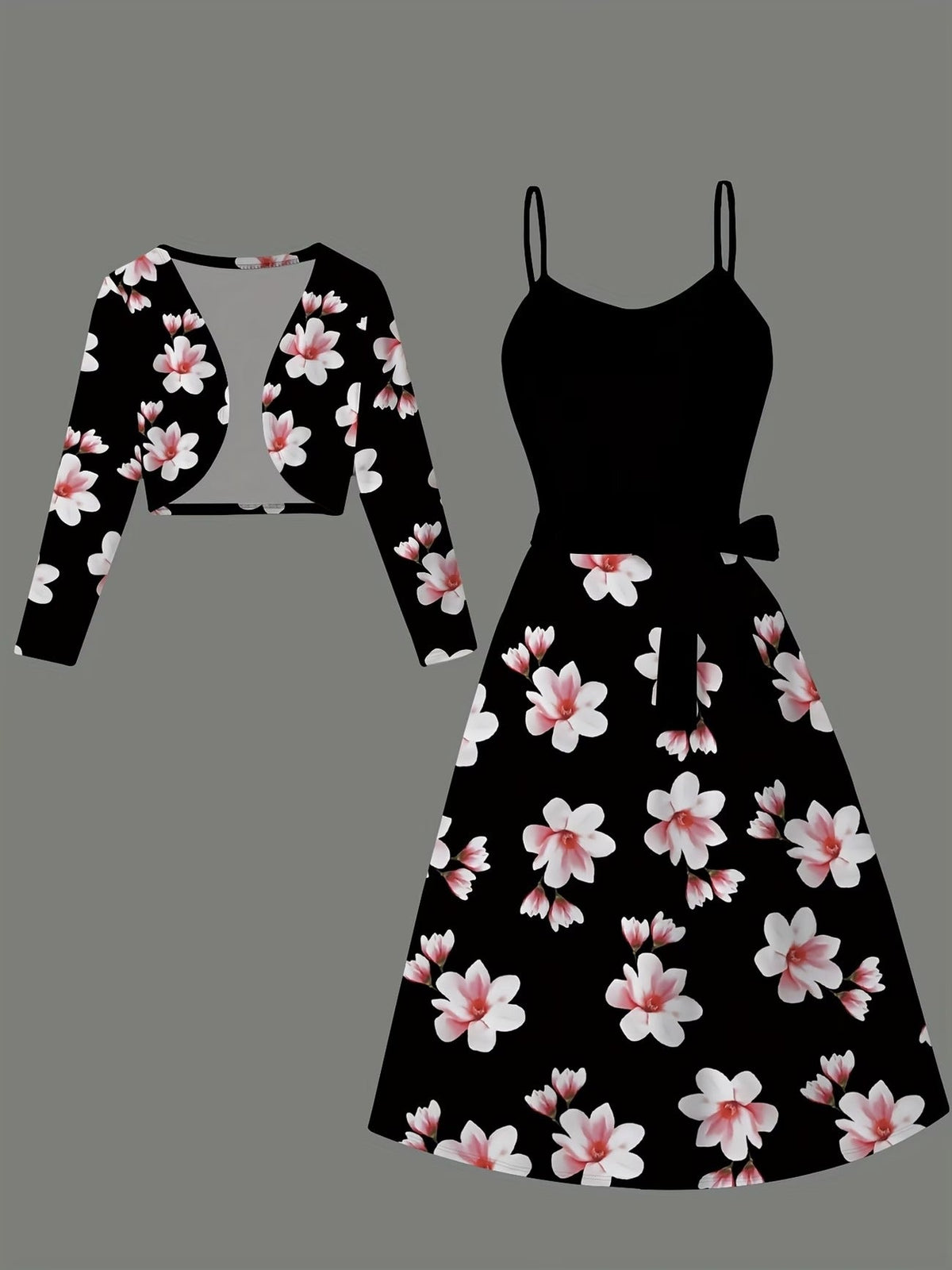 Elegant Belted Short Jacket with Floral Print Slip Dress – Stylish Two-Piece Women’s Set