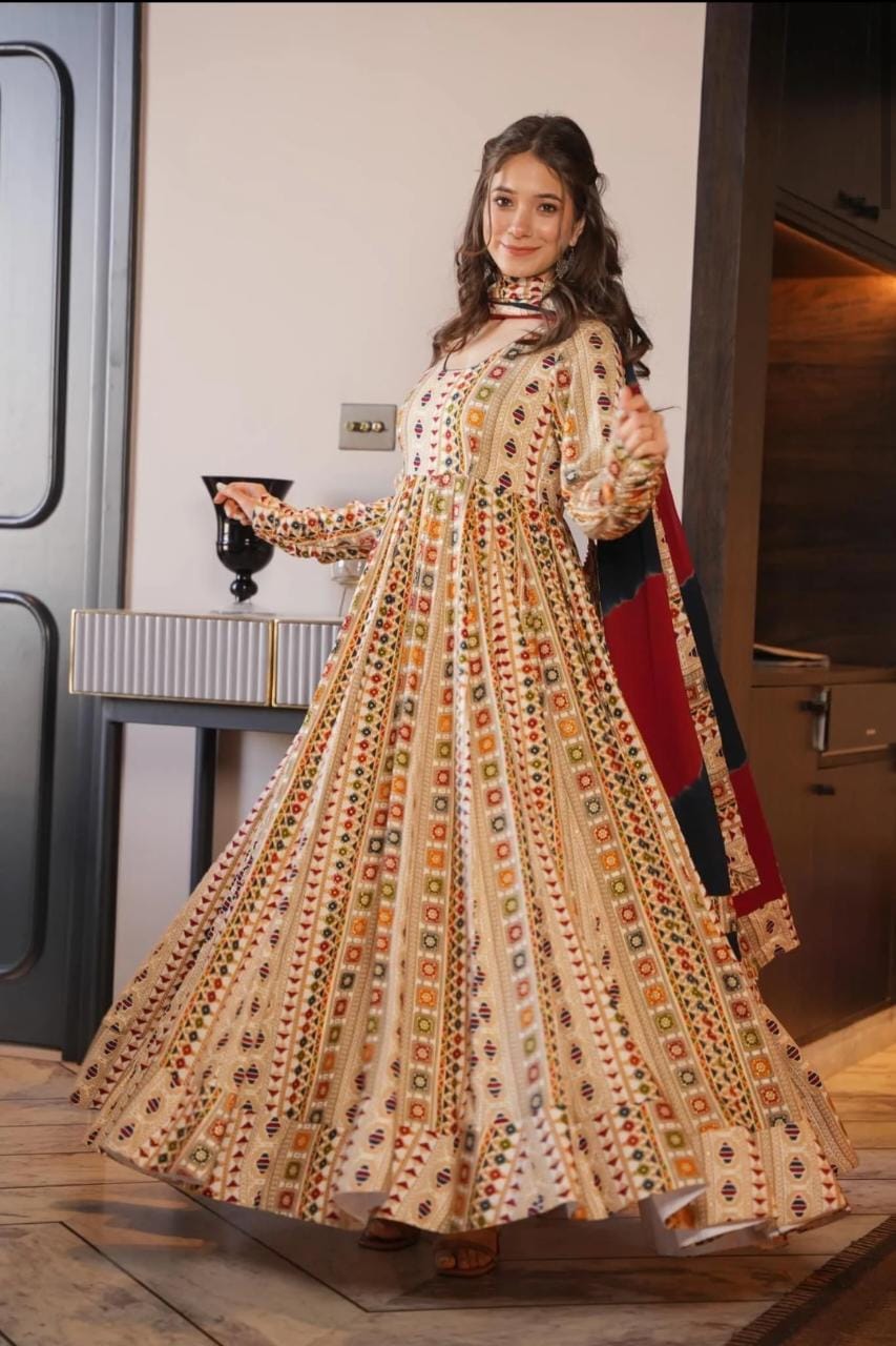 Rayon Gown with Mulmul Dupatta - Printed Design with Tassel and Gota Lace Work