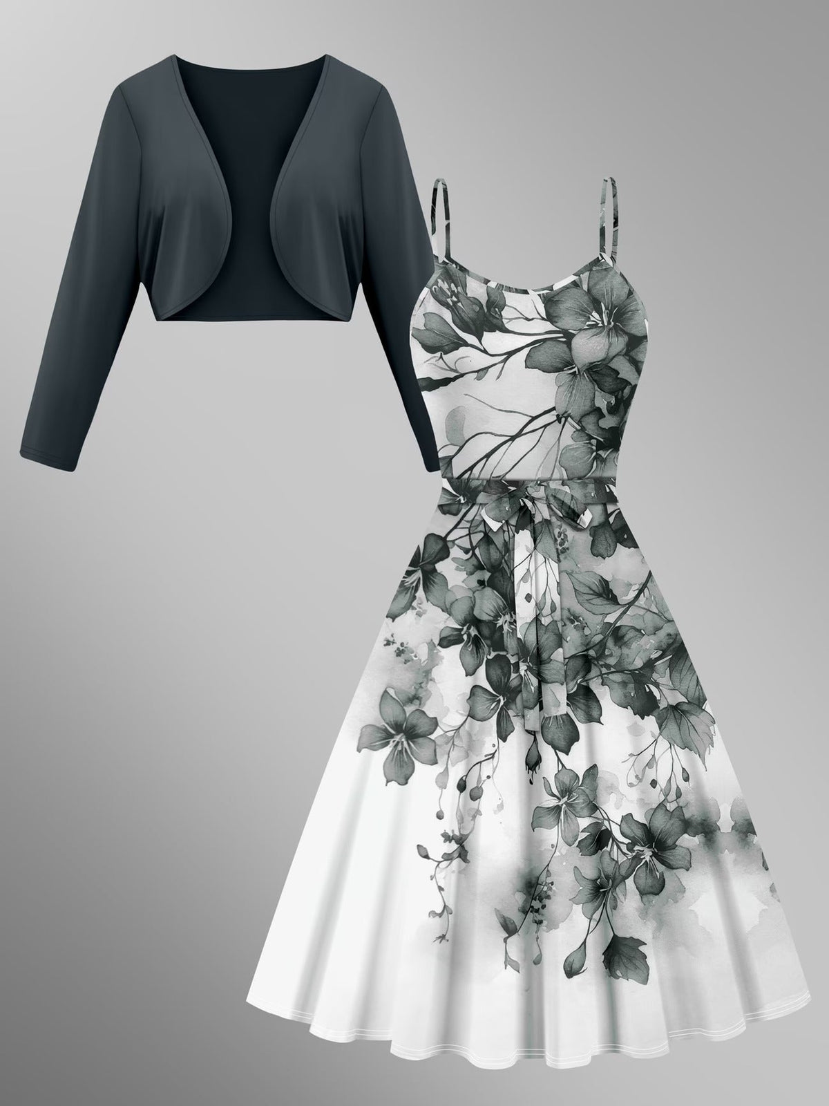 Elegant Floral Tie Dress with Solid Color Cardigan – Stylish Two-Piece Women’s Set