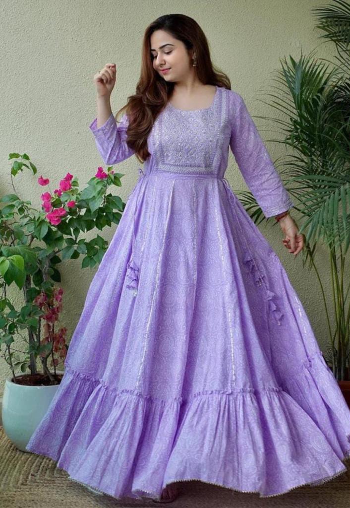 Enchanting Purple Cotton Gown with Exquisite Embroidery and Print