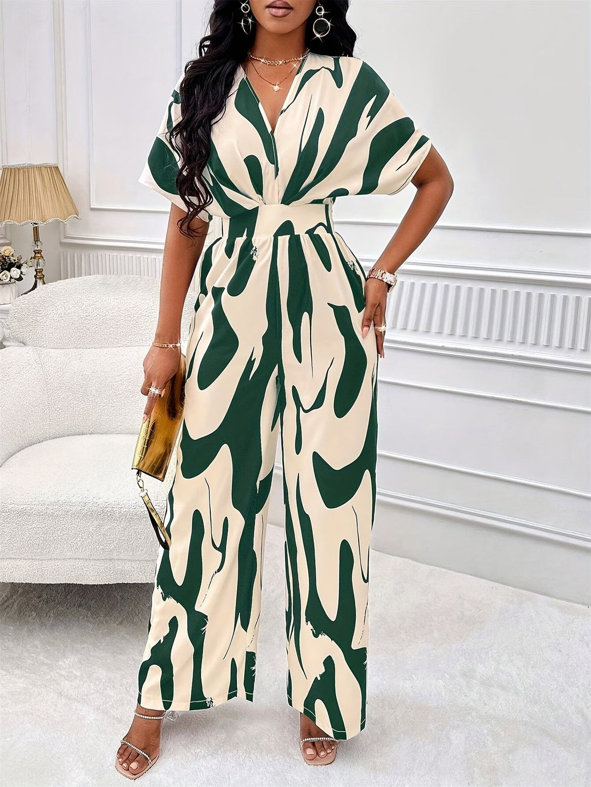 Women’s Color Block V-Neck Jumpsuit – Elegant Short Sleeve Wide-Leg One-Piece Outfit with Comfortable Waist Fit for Spring & Summer