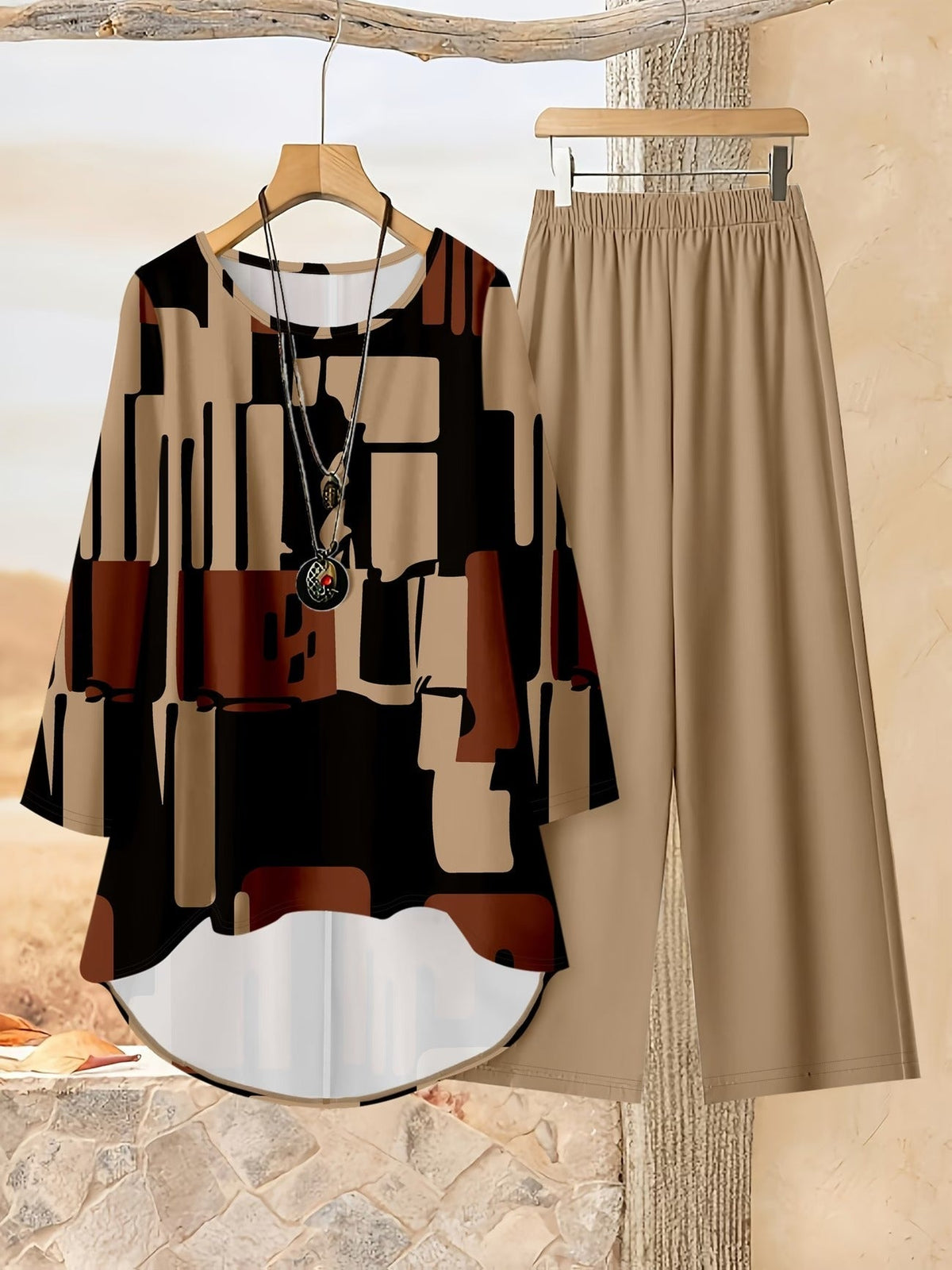 Loose Fit Irregular Print High-Low Hem Top with Solid Pants – Women’s Casual Two-Piece Outfit