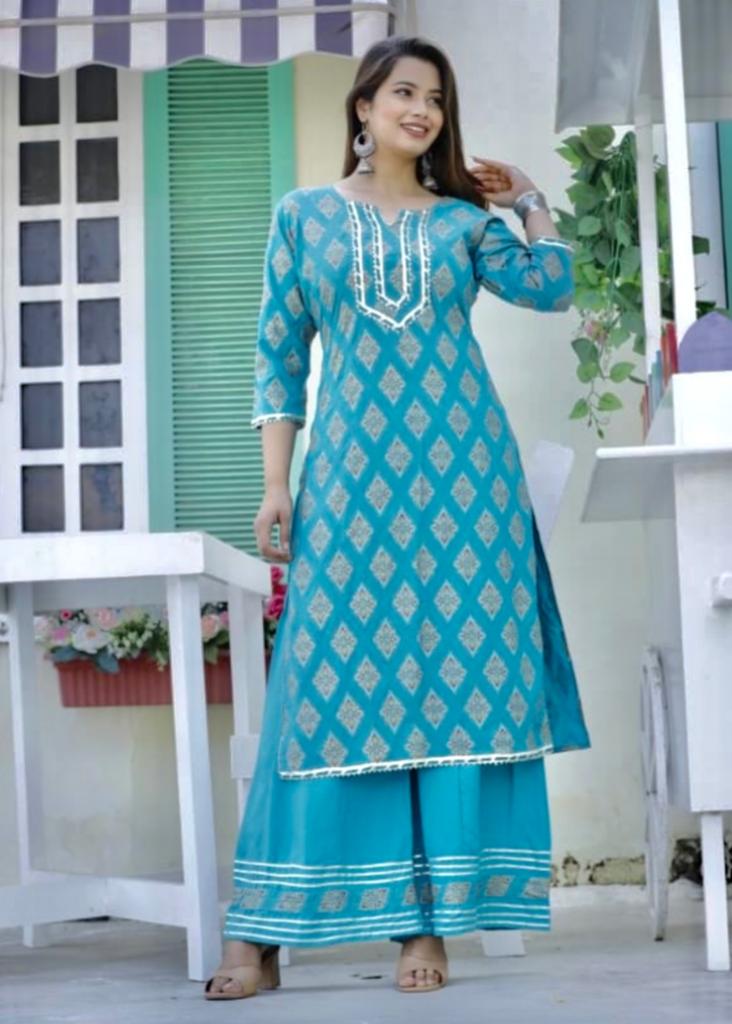 Ethereal Elegance: Rama Blue Printed Kurti Set with Gota Lace and Sharara