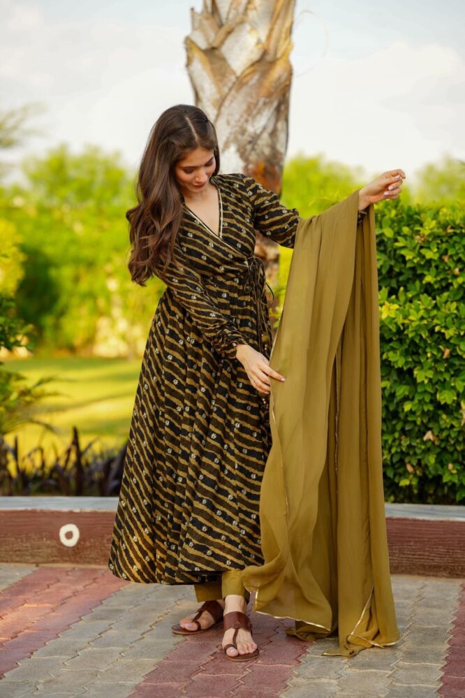 Cotton Lahariya Angrakha Anarkali Suit with Chudi Sleeves