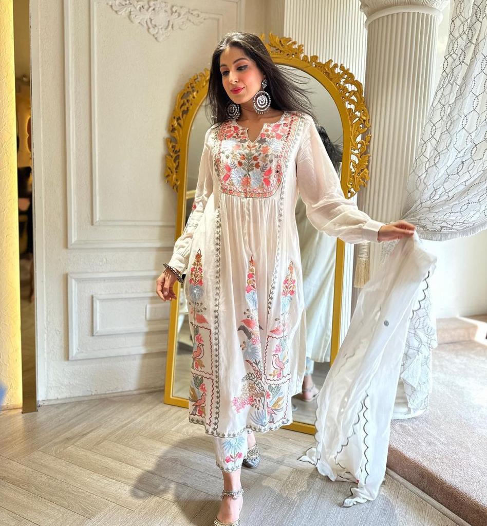 Georgette Embroidered Kurti, Pant, and Dupatta Set with Mirror Work and Lining