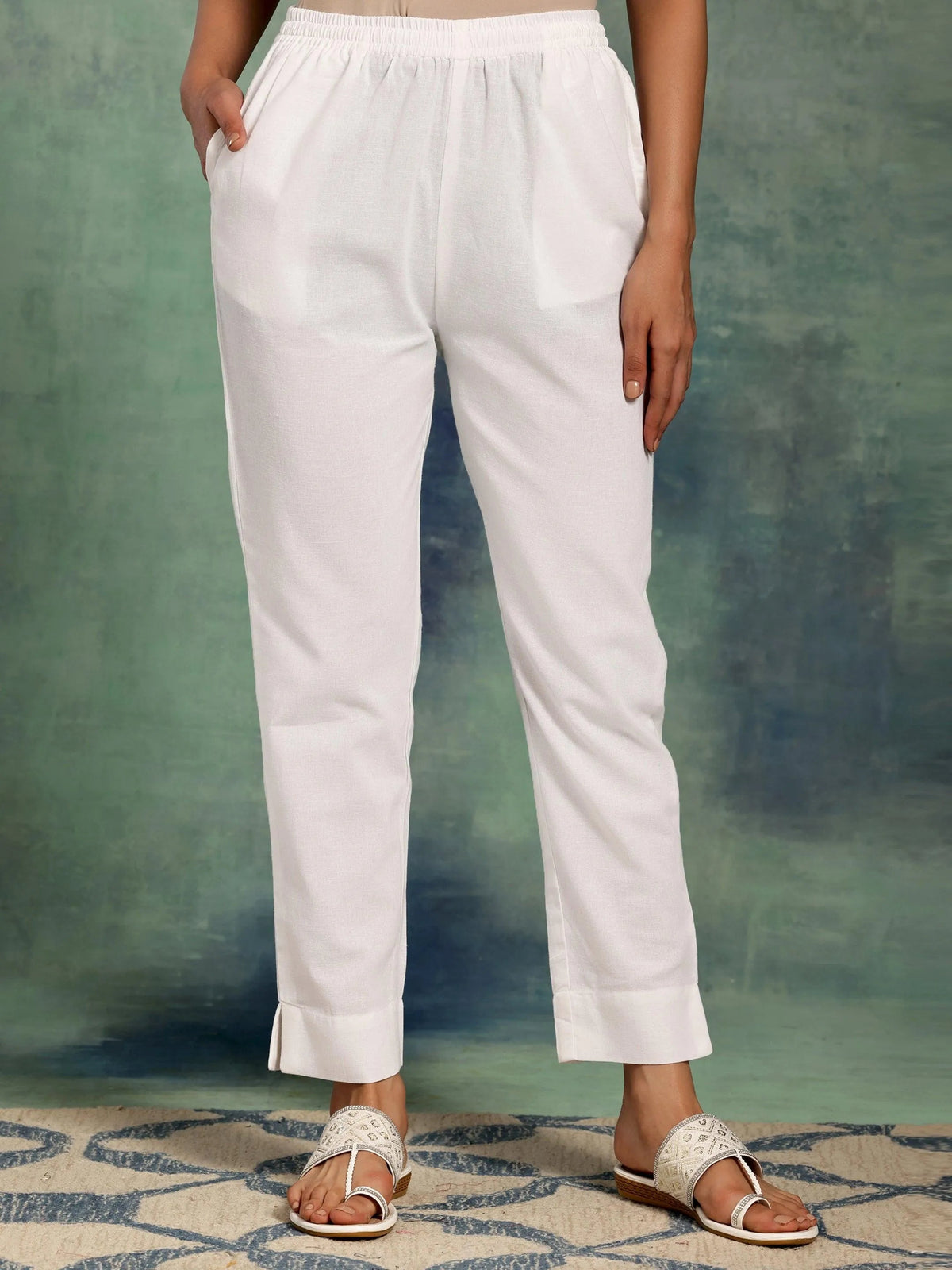 Anouk White Solid Cotton Straight Fit Trousers